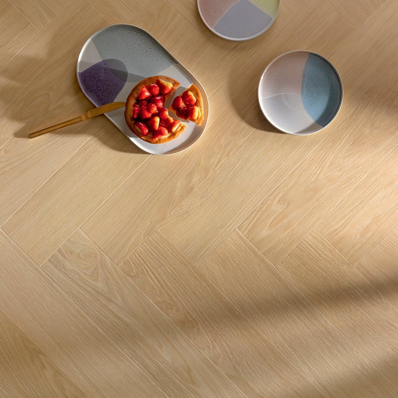 Uni F301 herringbone modern oval ceramic plate with matte finish and abstract geometric design in muted purple gray and blue