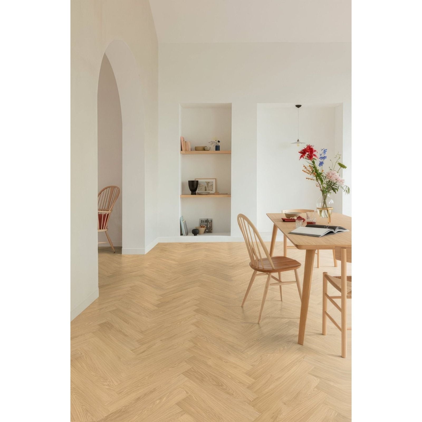 Uni f301 herringbone light-colored wood floor tiles featuring a classic herringbone pattern for interior flooring
