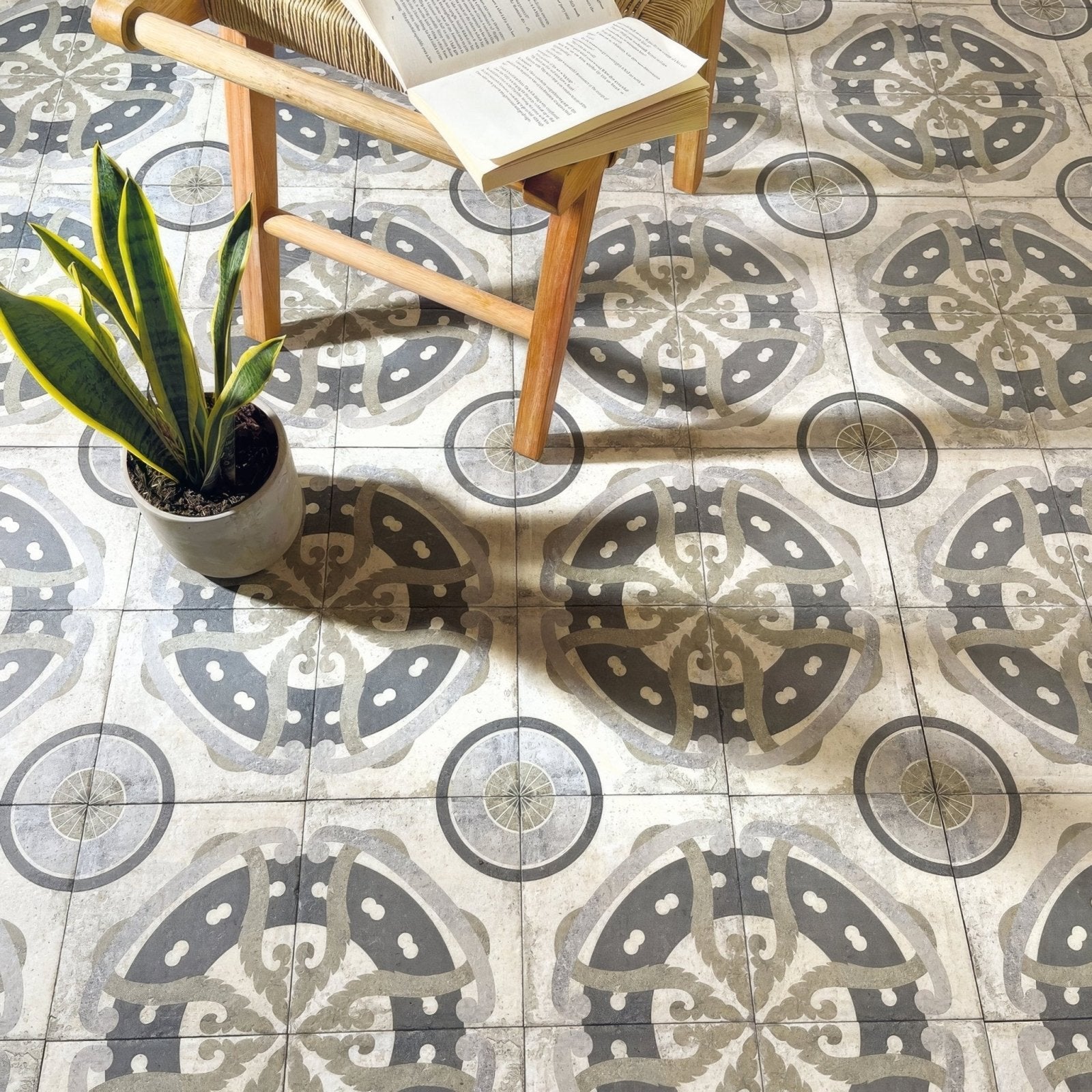 Urban aryz urban patterned porcelain tile featuring gray and black ceramic floor tiles with intricate circular designs