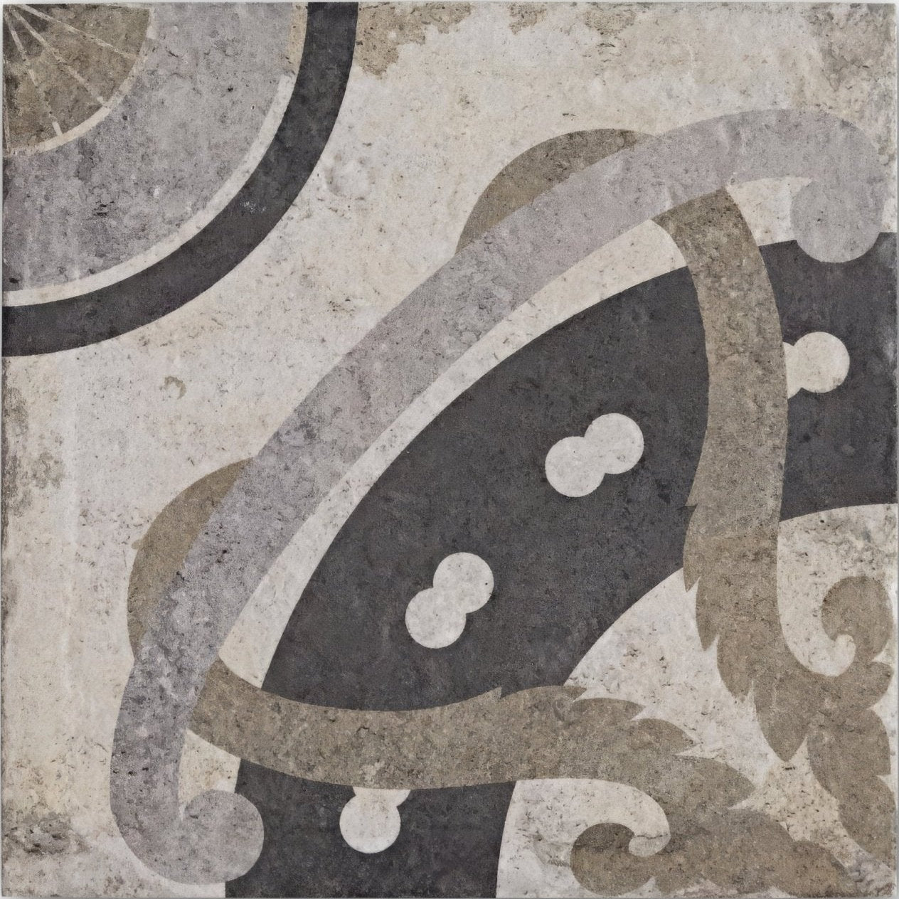 Gray and beige mosaic urban aryz patterned porcelain tile with vintage abstract swirling patterns and circular motifs