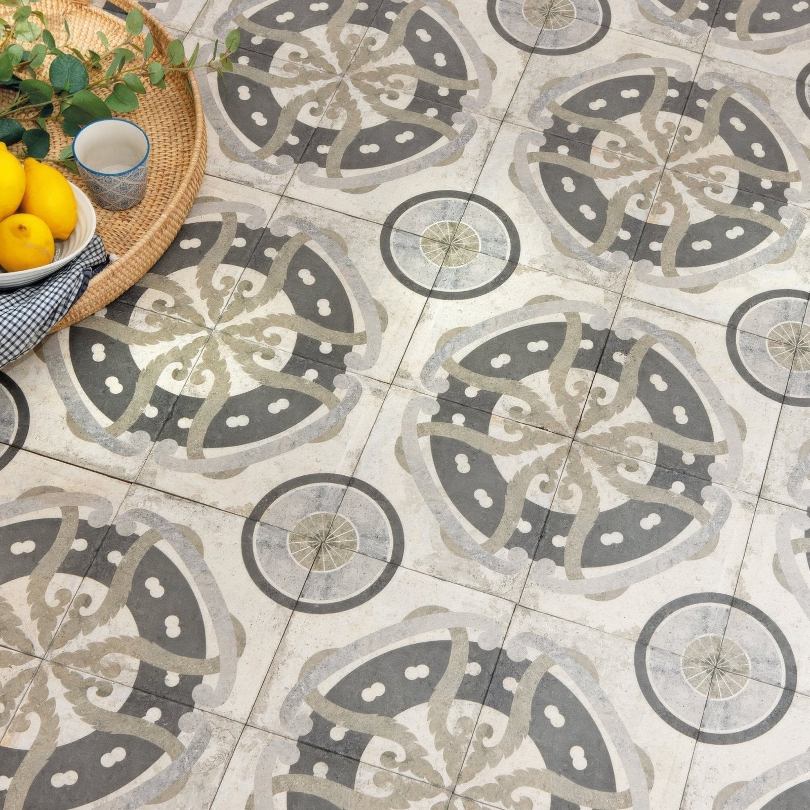 Urban aryz urban patterned porcelain tile with intricate gray and beige floral designs on ceramic floor tiles