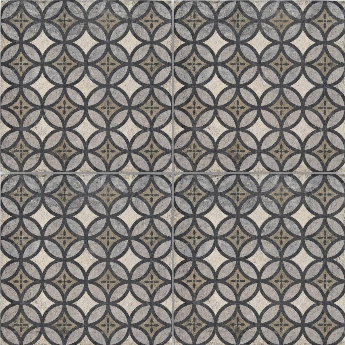 Urban axel patterned porcelain tile with gray and black geometric design and vintage distressed finish