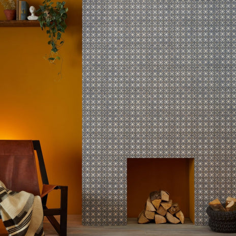 Gray patterned urban axel porcelain tile with repeating geometric design for fireplace installation