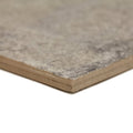 Urban beige plain porcelain tile showing gray speckled textured surface with visible wooden backing on the back side