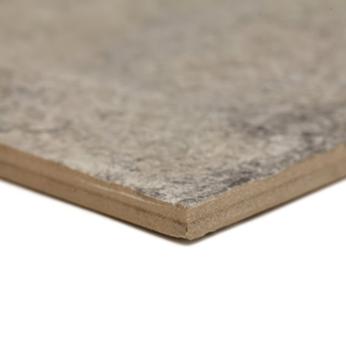 Urban beige plain porcelain tile showing gray speckled textured surface with visible wooden backing on the back side