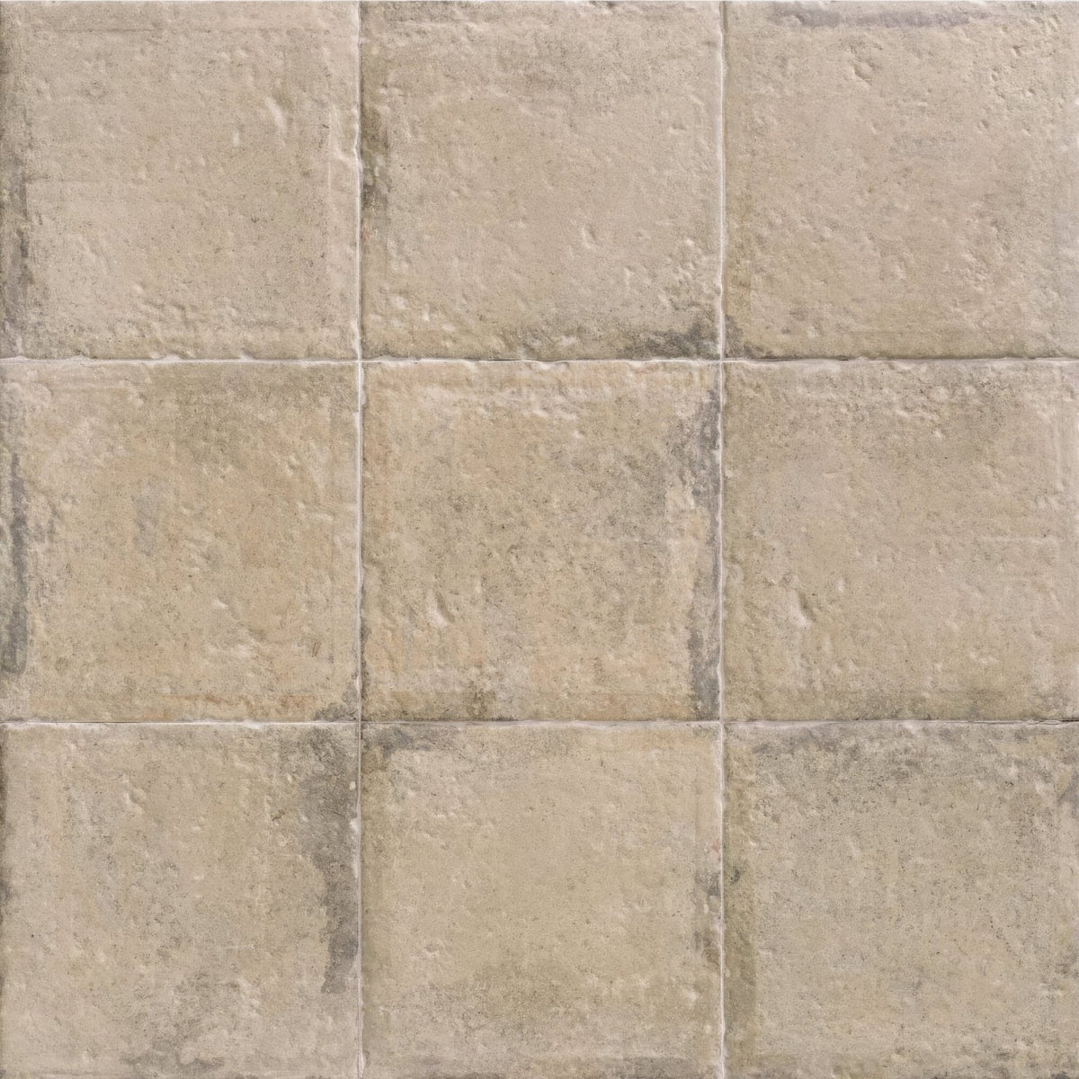 Urban beige plain porcelain tile with beige stone-effect square tiles textured with subtle gray grout lines