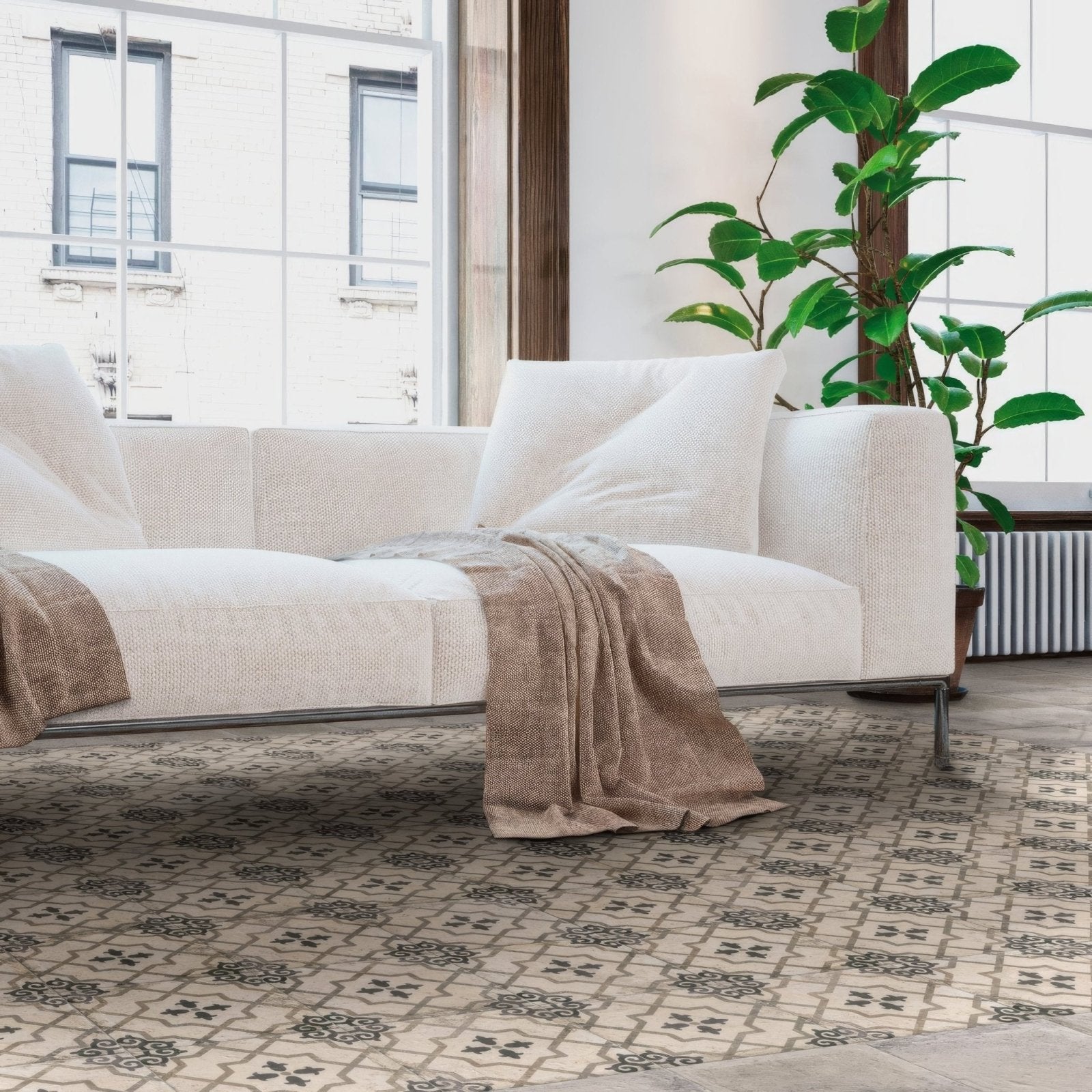 Beige and black patterned urban callizo porcelain tile with a textured finish ideal for stylish flooring use