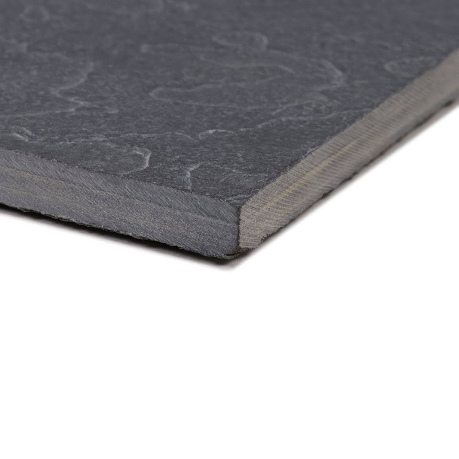 Dark gray urban slate tile with textured natural stone surface and visible edge profile in black grey color