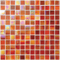Iridescent orange and amber glass mosaic tile utopia film faced mosaic 25mm with vibrant reflective finish