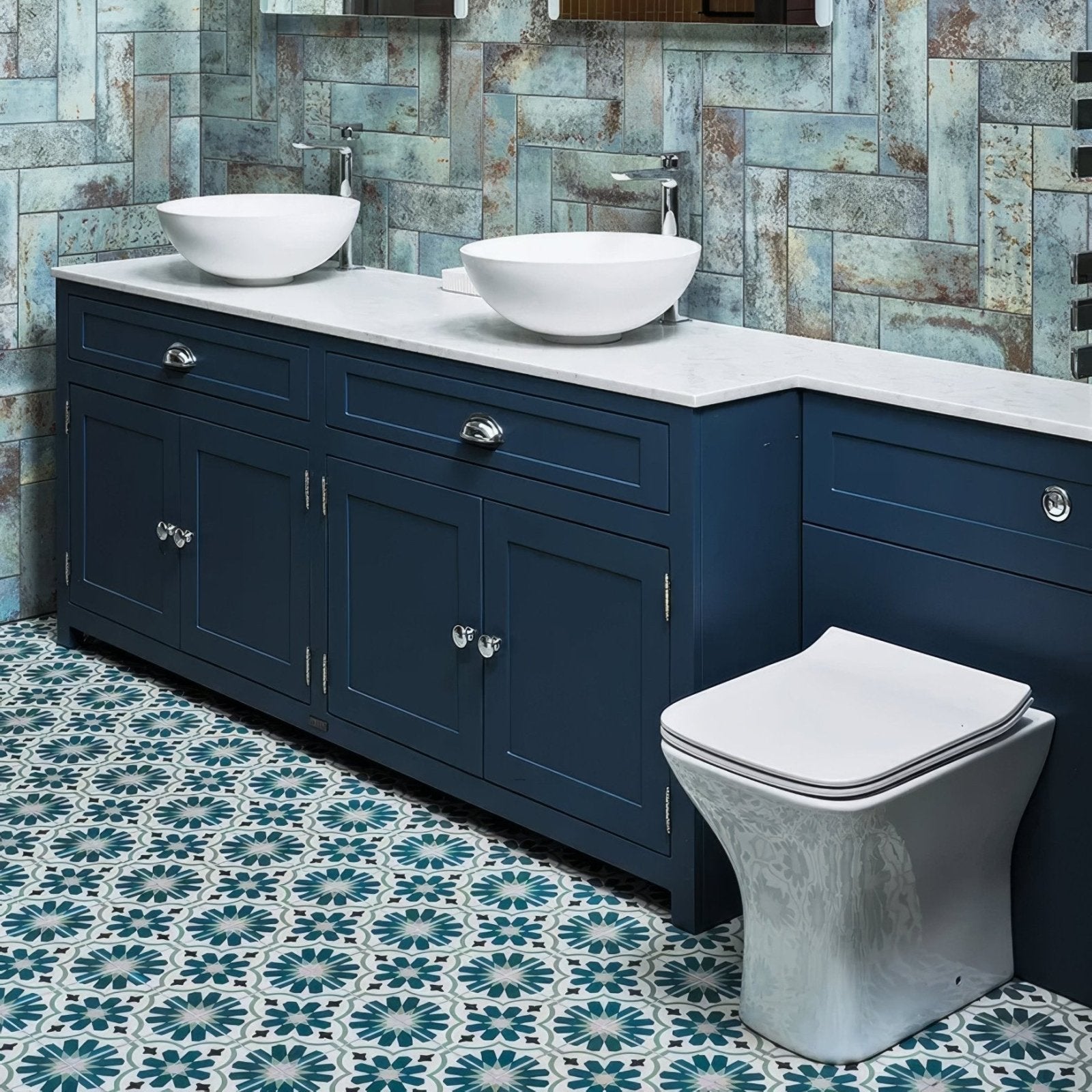 Navy blue bathroom vanity Vacation Porcelain Cordoba with white marble countertop and two white vessel sinks