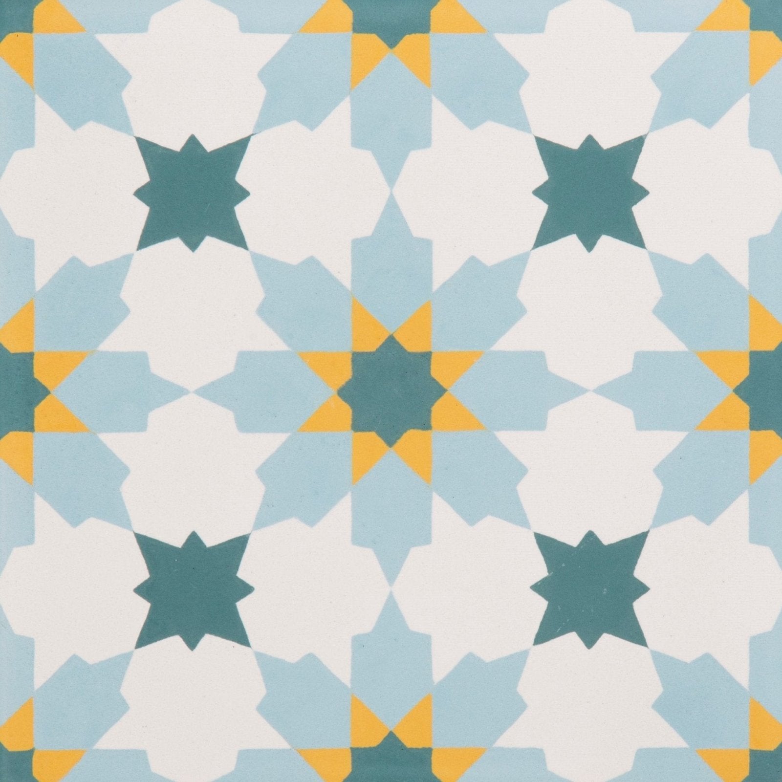 Geometric patterned vacation porcelain tangier tile with teal light blue and yellow star motifs on white background