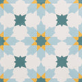 Geometric patterned vacation porcelain tangier tile with teal light blue and yellow star motifs on white background