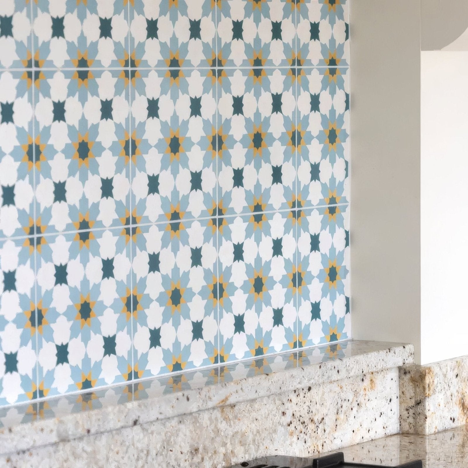 Vacation porcelain tangier ceramic tile with blue and white geometric pattern and yellow accents