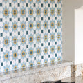 Vacation porcelain tangier ceramic tile with blue and white geometric pattern and yellow accents
