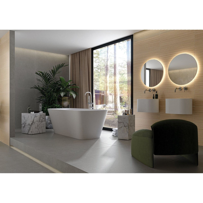 White freestanding bathtub with sleek modern design and glossy finish in Valkiria Esir Decor Oak collection