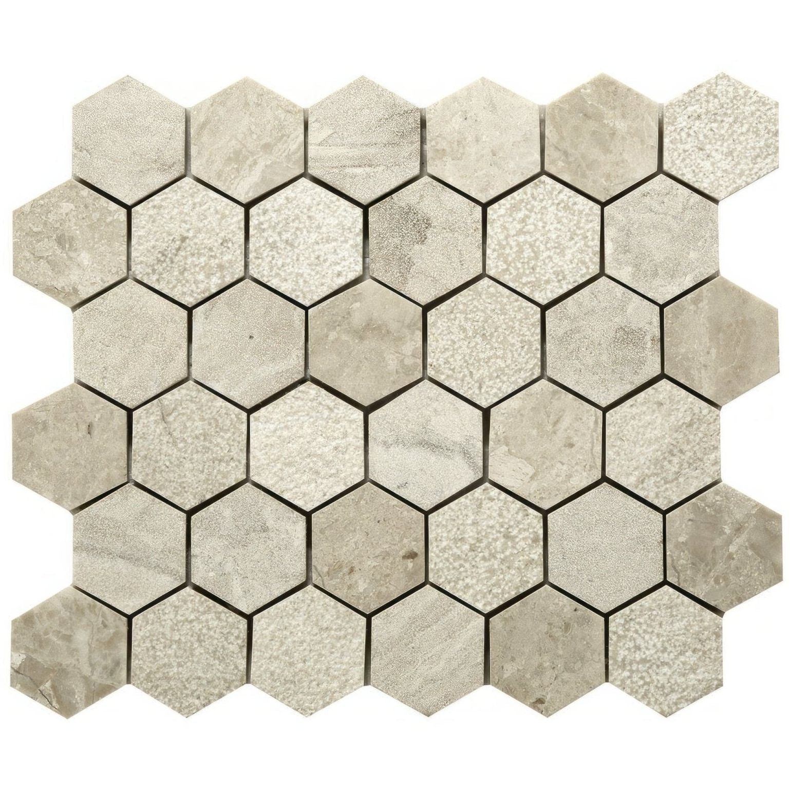 Vanilla cream mix finish marble hexagon mosaic tile with textured light gray stone surface and subtle veining