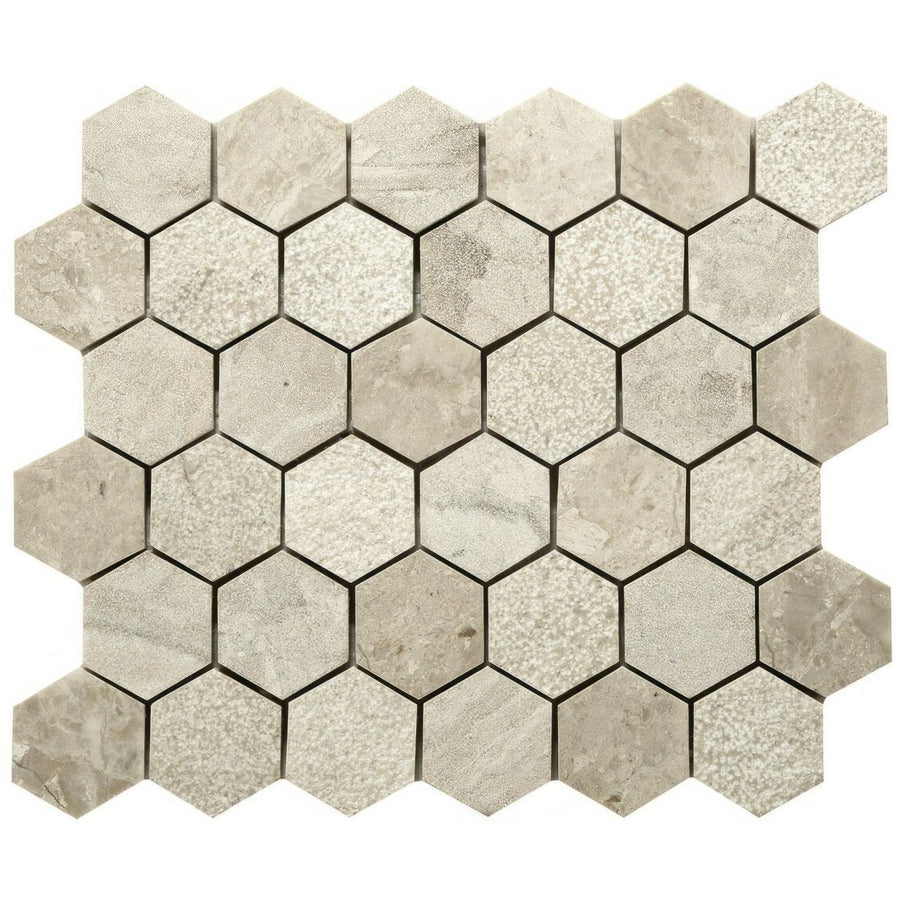 Vanilla cream mix finish marble hexagon mosaic tile with textured light gray stone surface and subtle veining