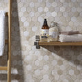 Beige hexagonal marble mosaic tile wall with subtle veining in vanilla cream mix finish for elegant surfaces