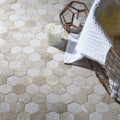 Vanilla Cream Mix Finish Marble Hexagon Mosaic shown as flooring