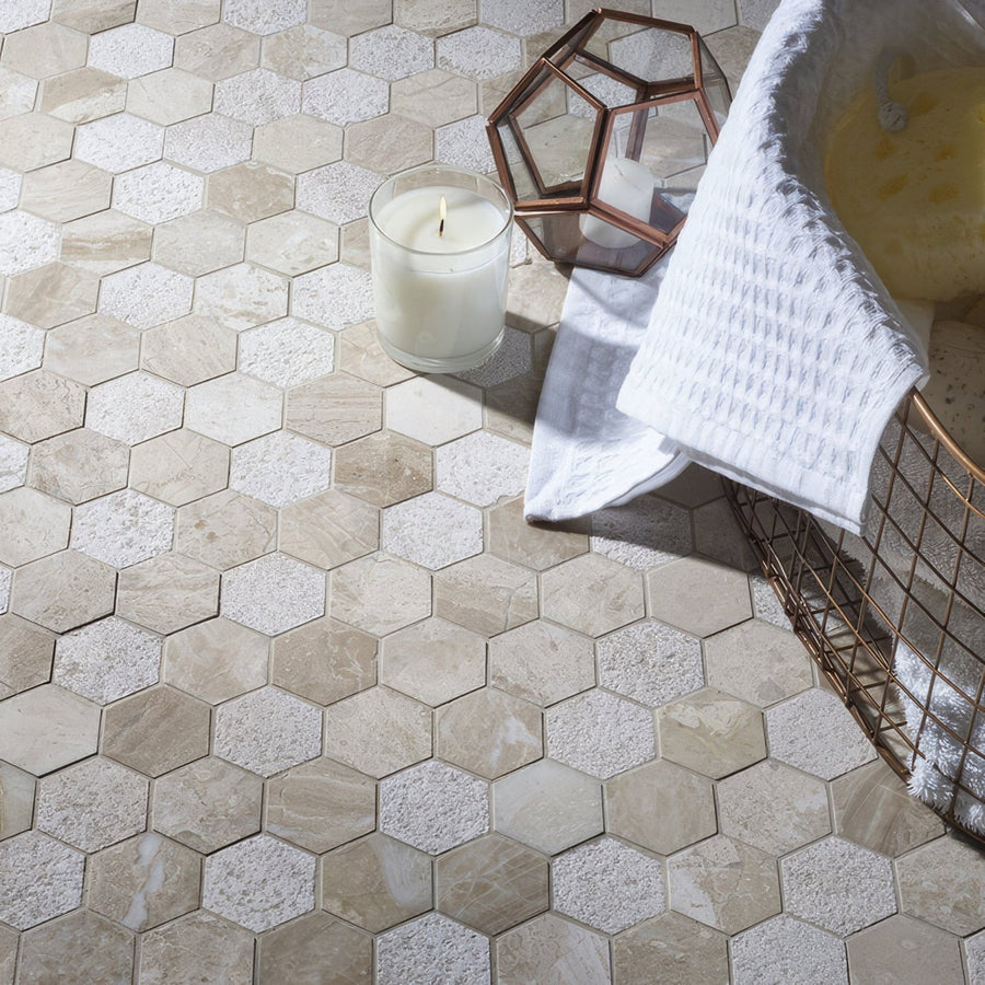 Vanilla Cream Mix Finish Marble Hexagon Mosaic shown as flooring