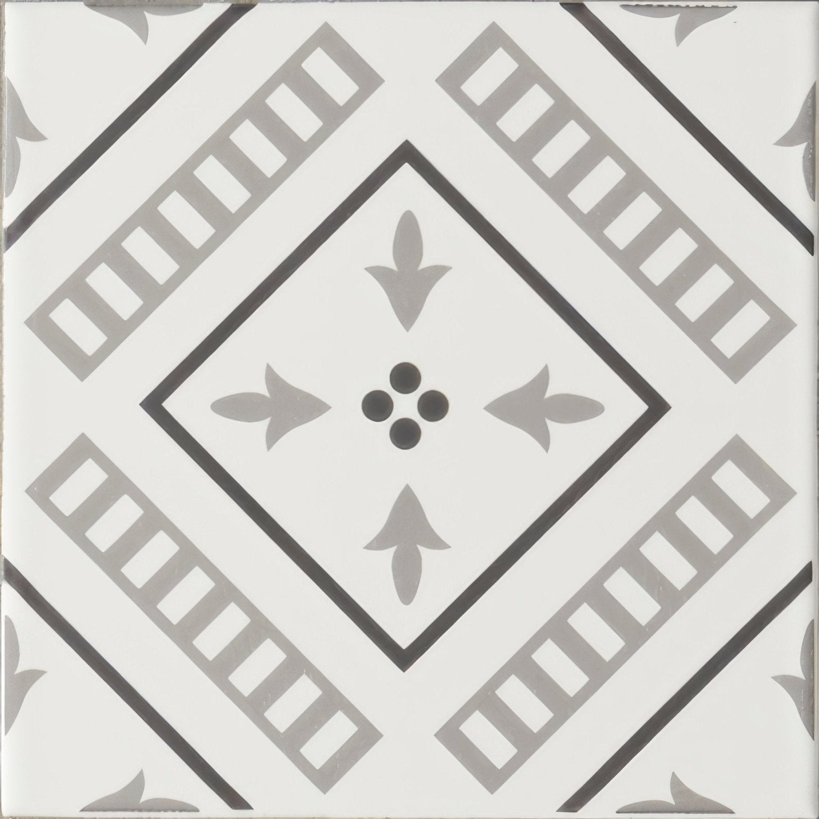 White ceramic tile vannerie grey on brilliant white with gray and black geometric diamond shapes and leaf motifs