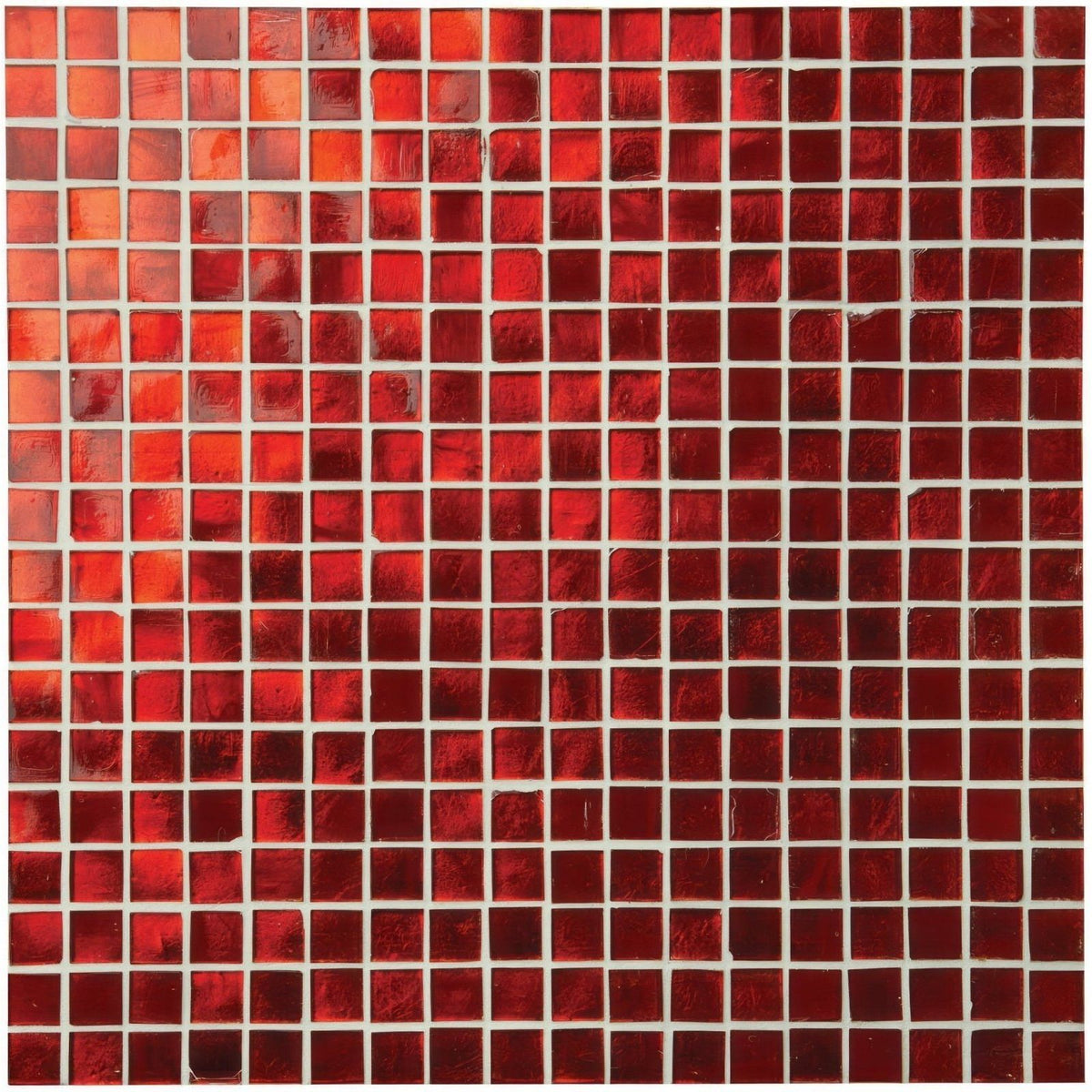 Velvet bloom mosaic vibrant red glass tile with glossy textured finish and white grout lines for decorative use