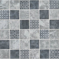 Venetia glass mosaic featuring gray and white textured distressed glass tiles with geometric patterns