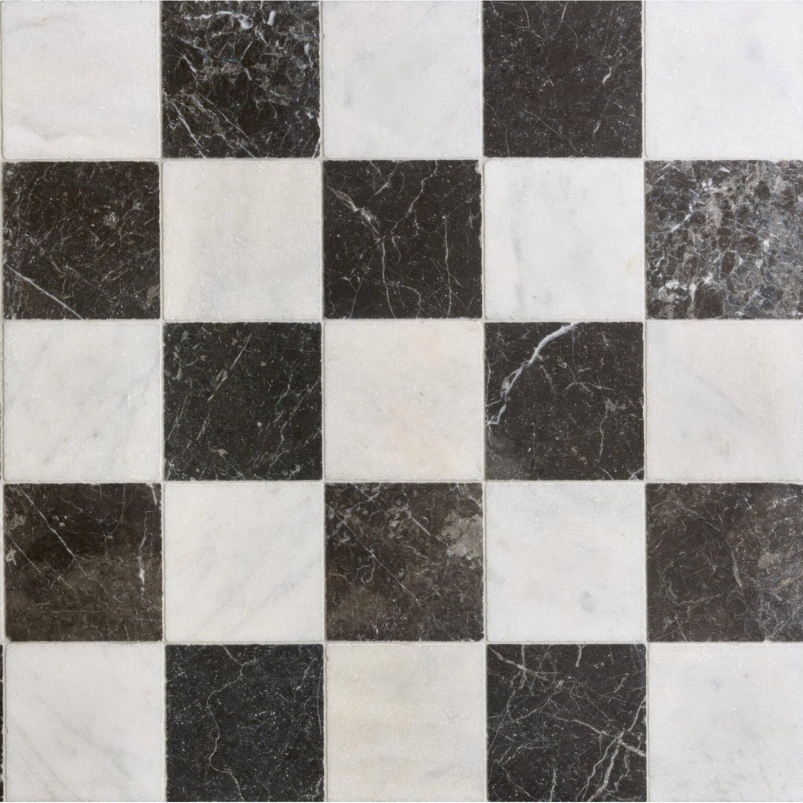 Venetian white 20 x 20cm black and white marble tiles arranged in a classic checkerboard pattern