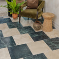 The floor features versailles marble creme honed tiles with a checkerboard pattern of dark green and creamy beige marble