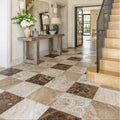 The floor features versailles marble ecru honed tiles in a polished checkerboard pattern of beige and dark brown tones
