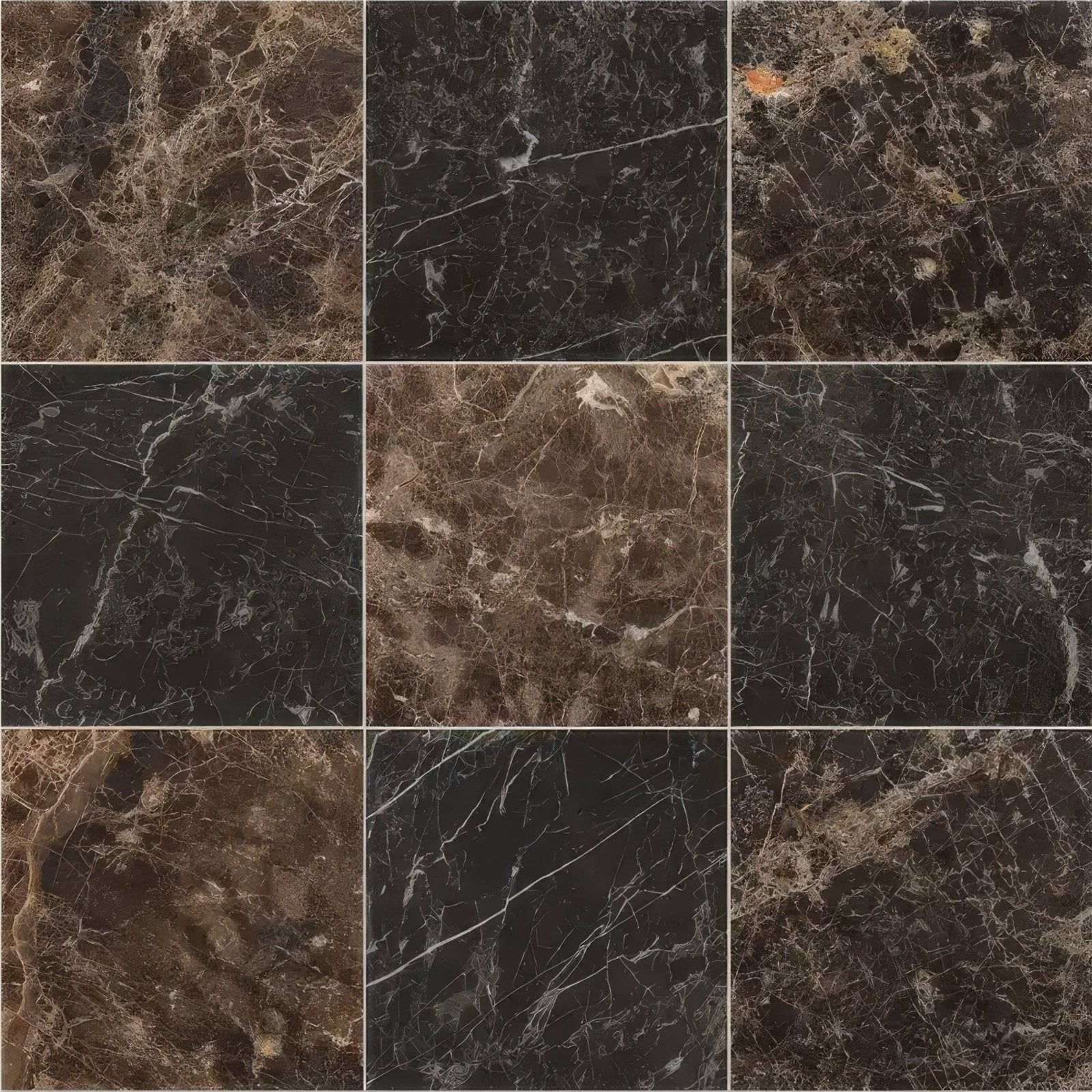 Versailles marble marron honed dark brown and black marble tiles with white beige and gold intricate veining