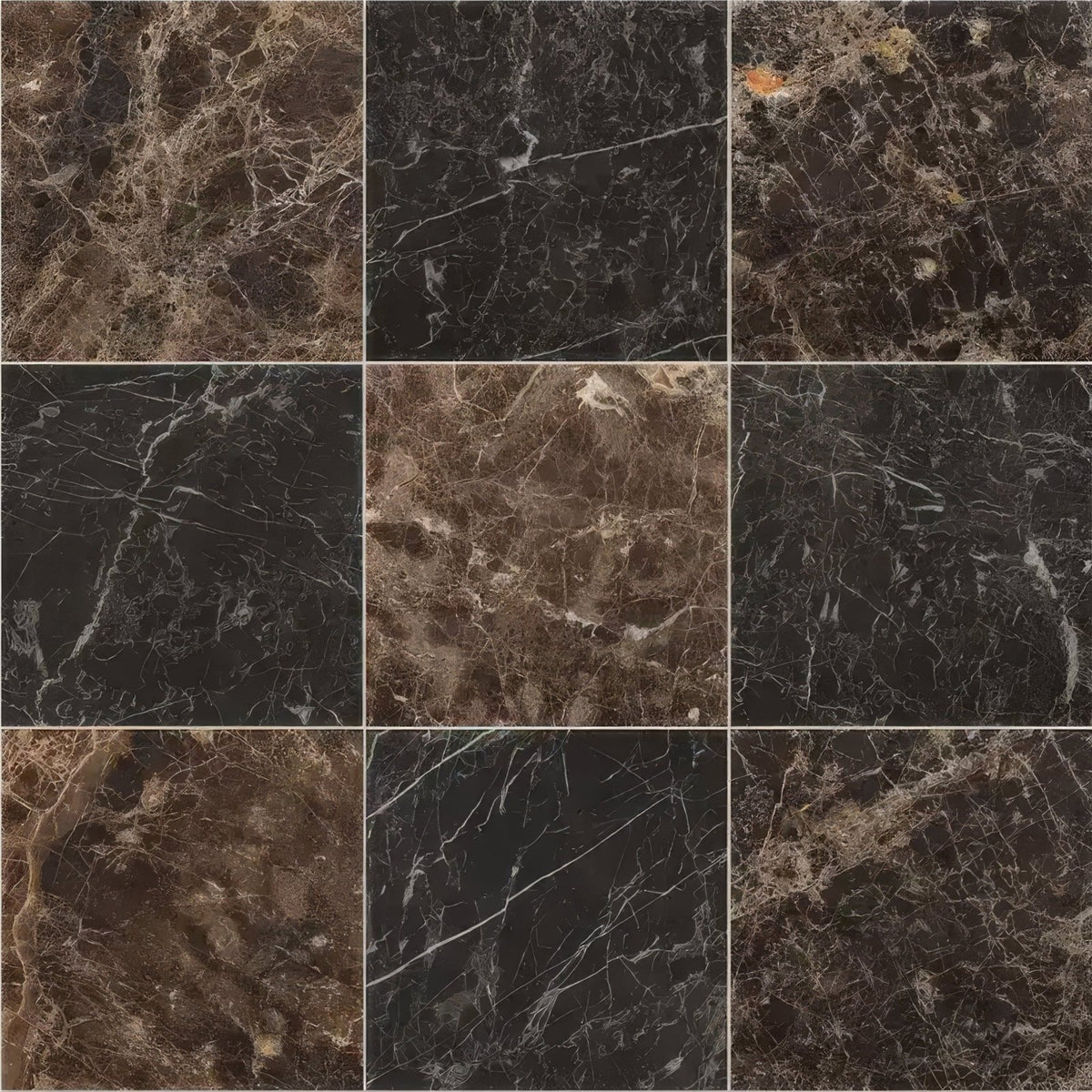 Versailles marble marron honed dark brown and black marble tiles with white beige and gold intricate veining