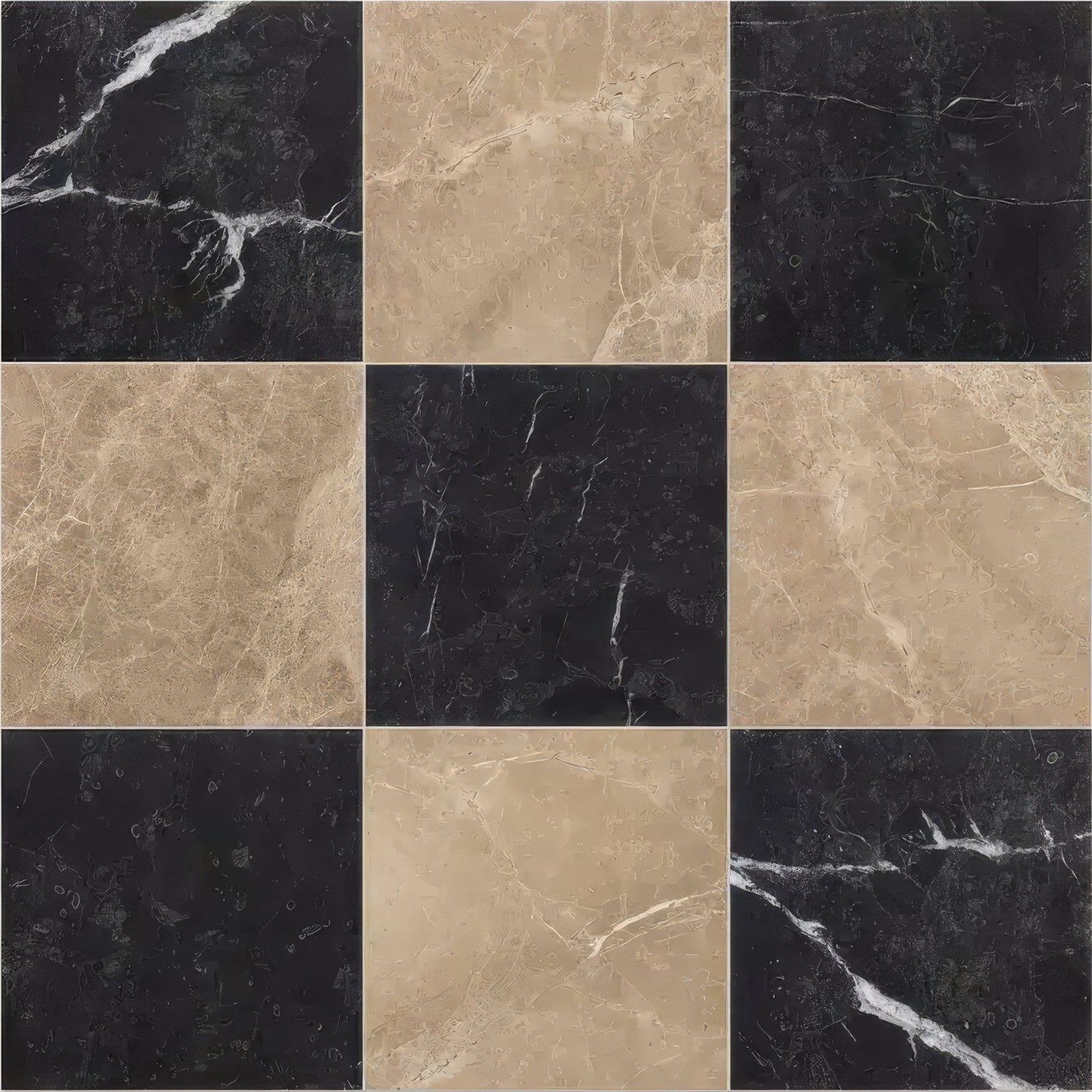 Versailles marble noir honed black and beige marble tiles with elegant veining patterns for stylish flooring and walls