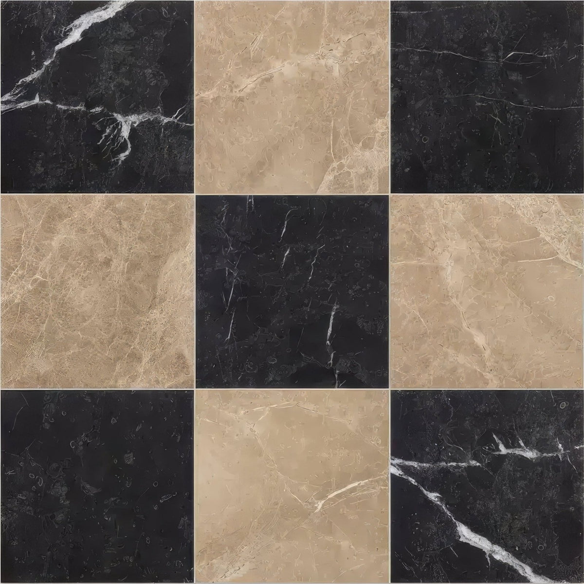 Versailles marble noir honed black and beige marble tiles with elegant veining patterns for stylish flooring and walls