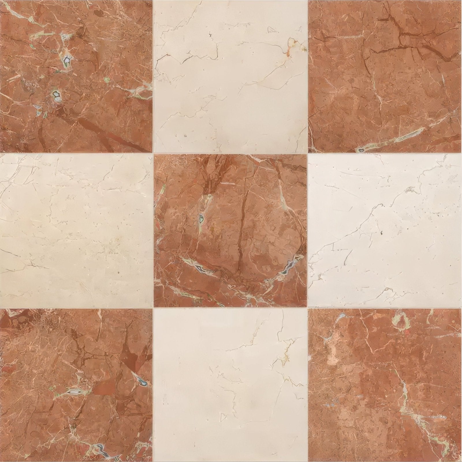 Versailles marble rouge honed red and cream marble tiles arranged in a checkered pattern for flooring and walls