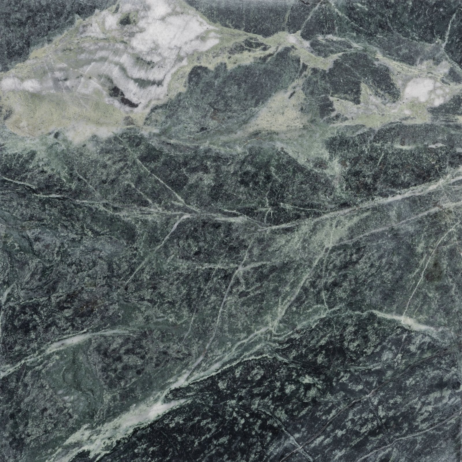 Dark green Versailles marble vert honed slab with swirling white and light gray veining for elegant surfaces