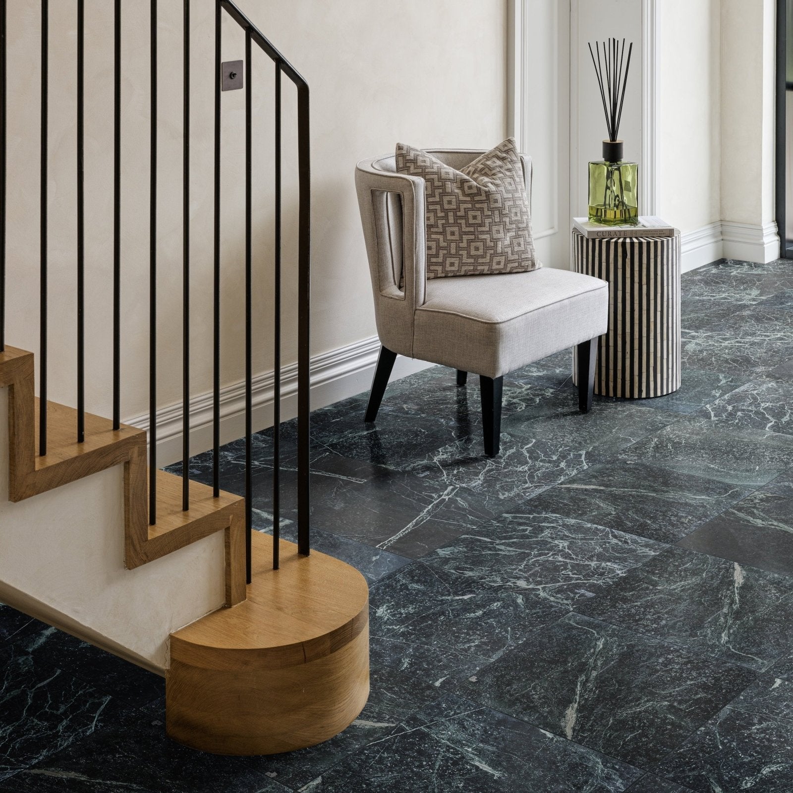 Versailles marble vert honed floor tiles in dark green marble with white veining for elegant interior use