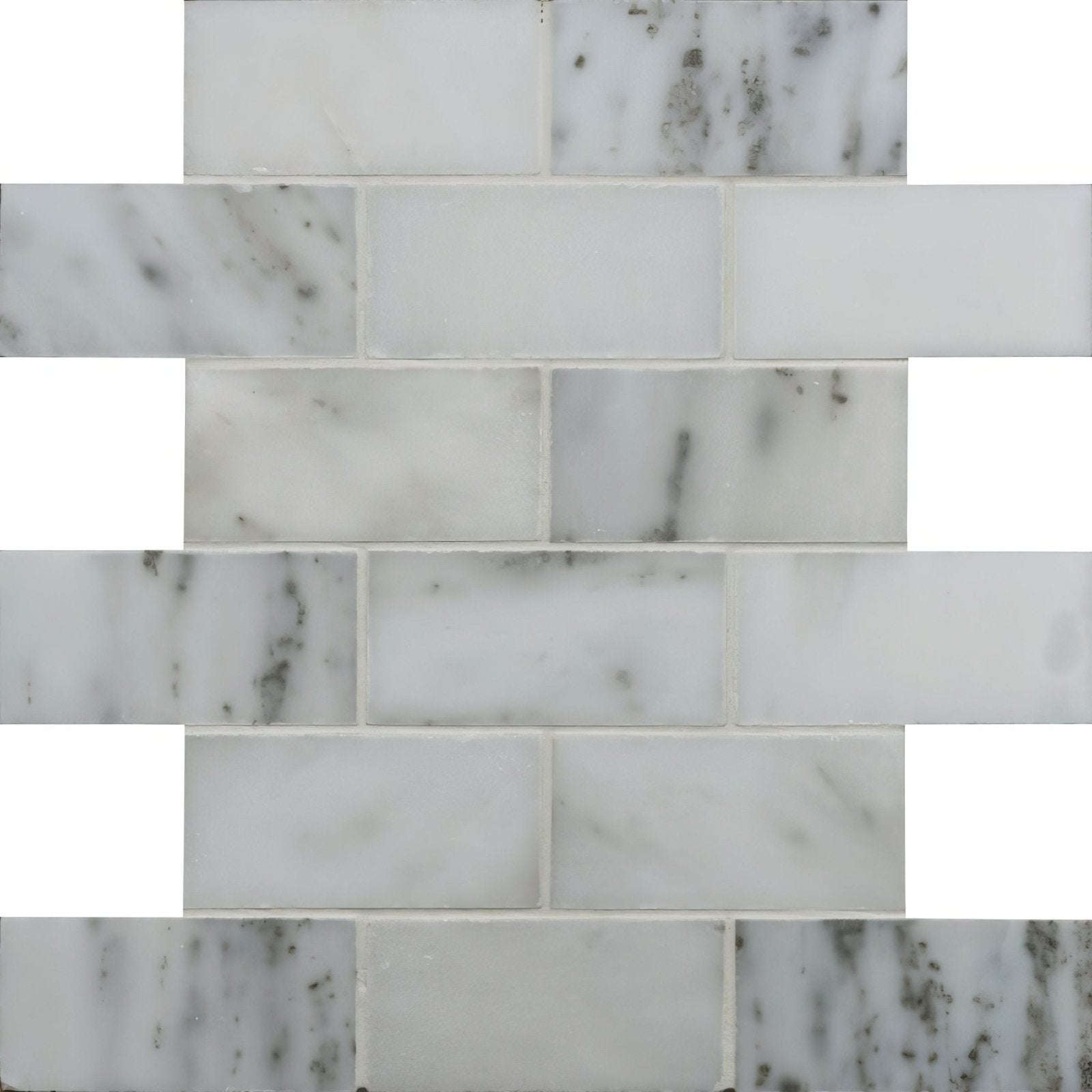 Viano white honed brickbond mosaic of white marble subway tiles with subtle gray veining arranged in brick pattern