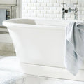 Viano White Polished Bevel Marble 147 x 72mm white bevelled marble metro tiles with a freestanding bathtub