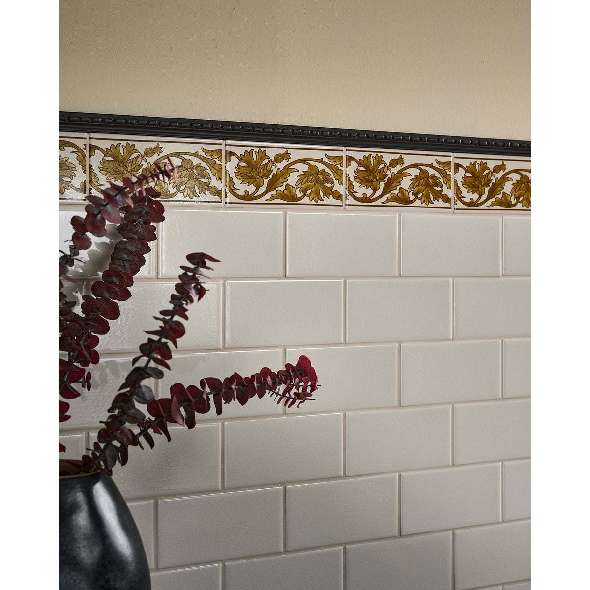 Victorian Style Carnation Border Ochre - styled on a wall in a room setting