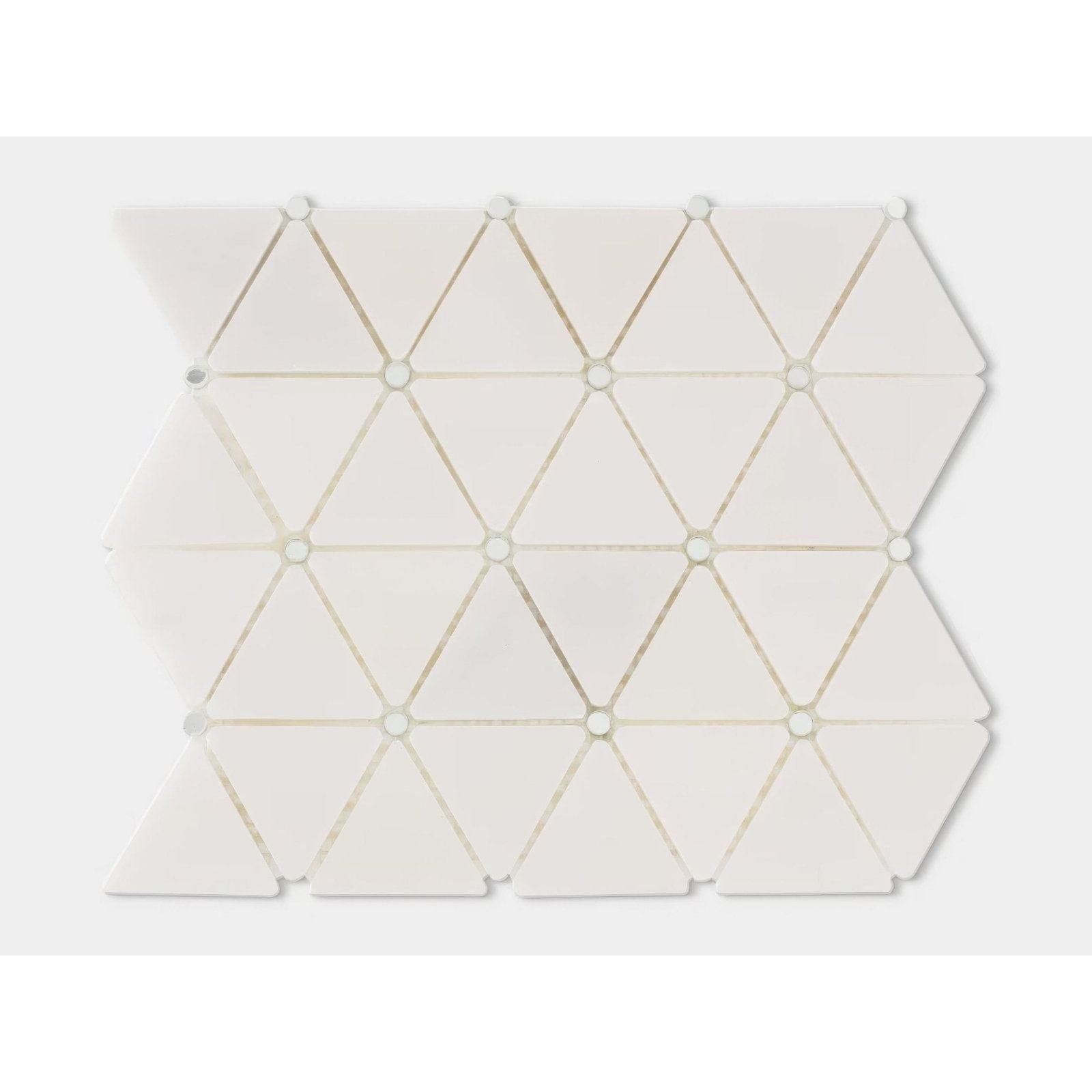 Victorian diamond marmara mirror mosaic featuring white triangular ceramic tiles with metallic silver geometric lines