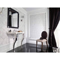 Black-framed rectangular Victorian diamond marmara mirror mosaic with sleek modern design on white tiled wall