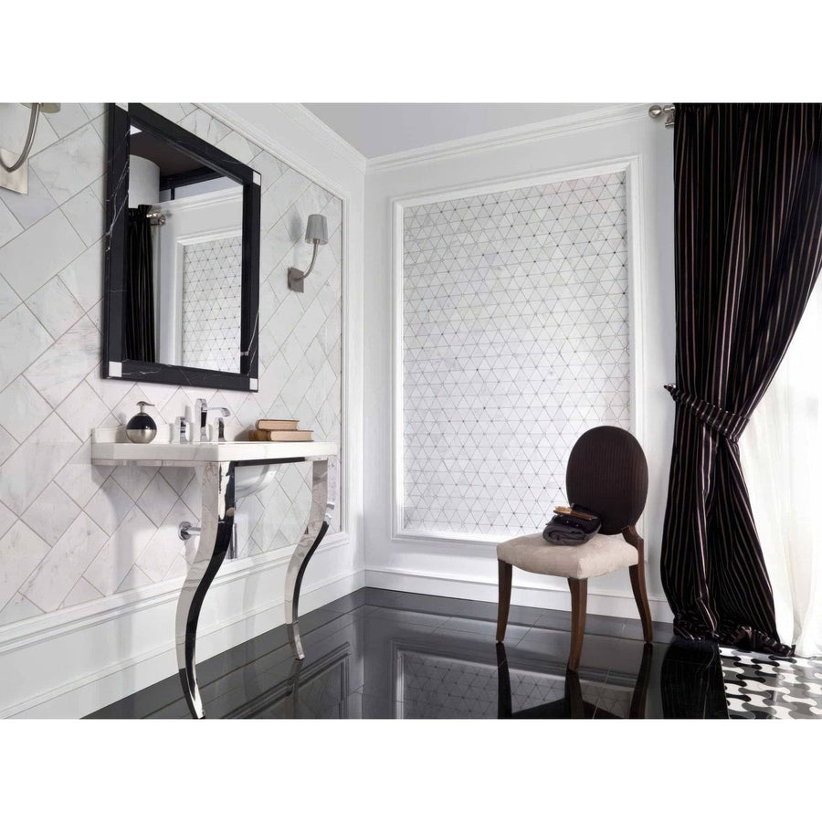 Black-framed rectangular Victorian diamond marmara mirror mosaic with sleek modern design on white tiled wall