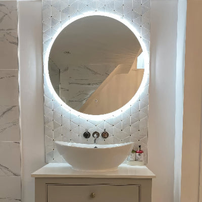 Victorian Diamond Marmara Mirror Mosaic diamond mirror mosaic with a round illuminated mirror