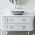 Victorian Diamond Marmara Mirror Mosaic diamond mirror mosaic with a white vanity and grey vessel sink