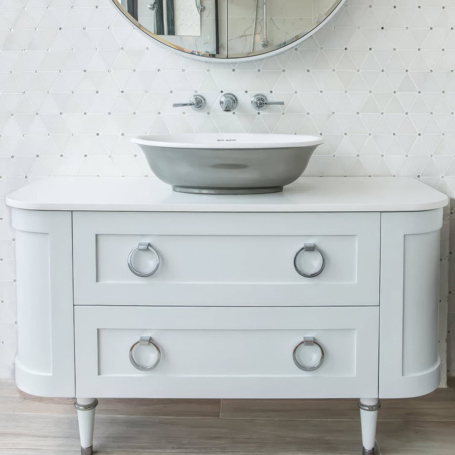 Victorian Diamond Marmara Mirror Mosaic diamond mirror mosaic with a white vanity and grey vessel sink