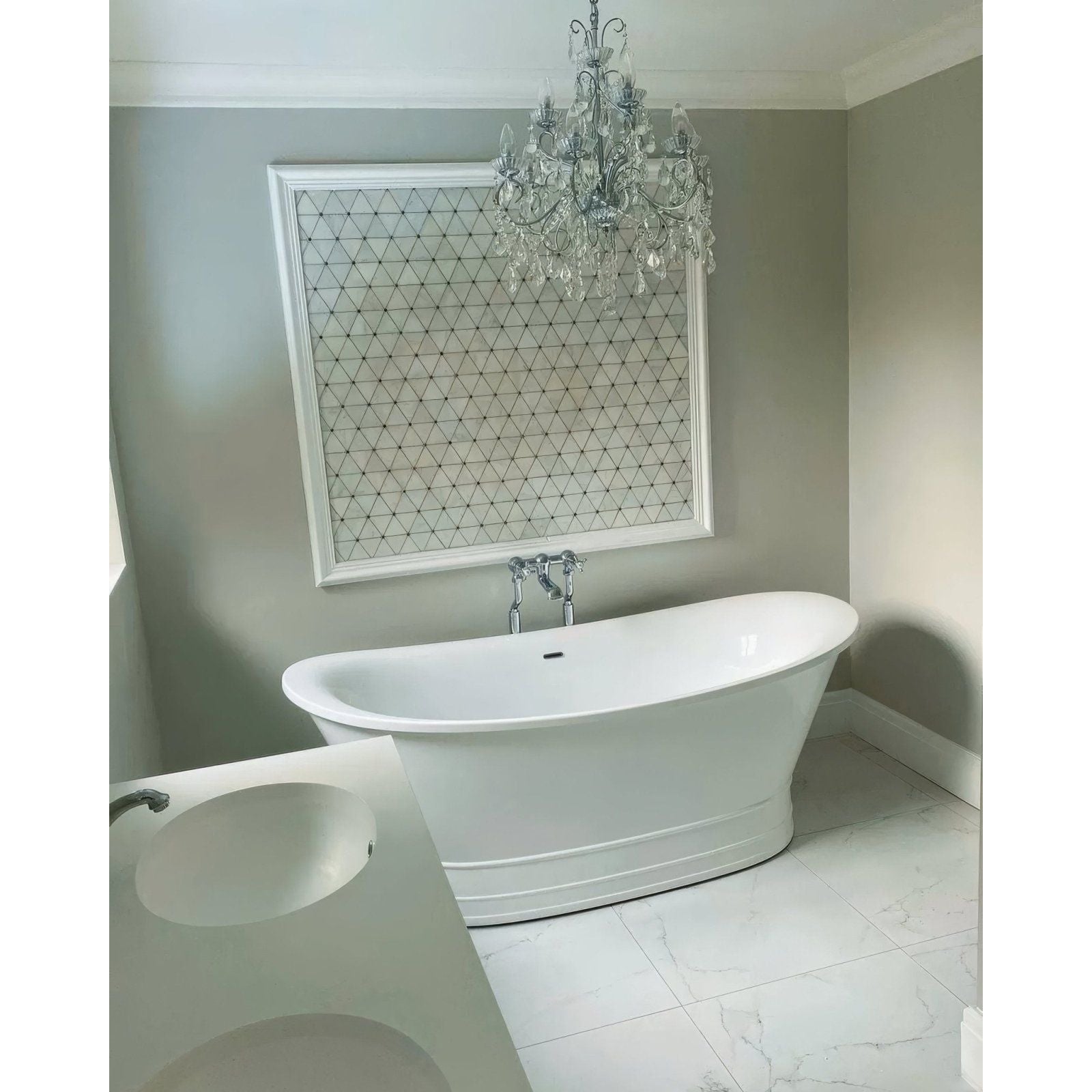 Victorian Diamond Marmara Mirror Mosaic diamond mirror mosaic with a white oval freestanding bathtub