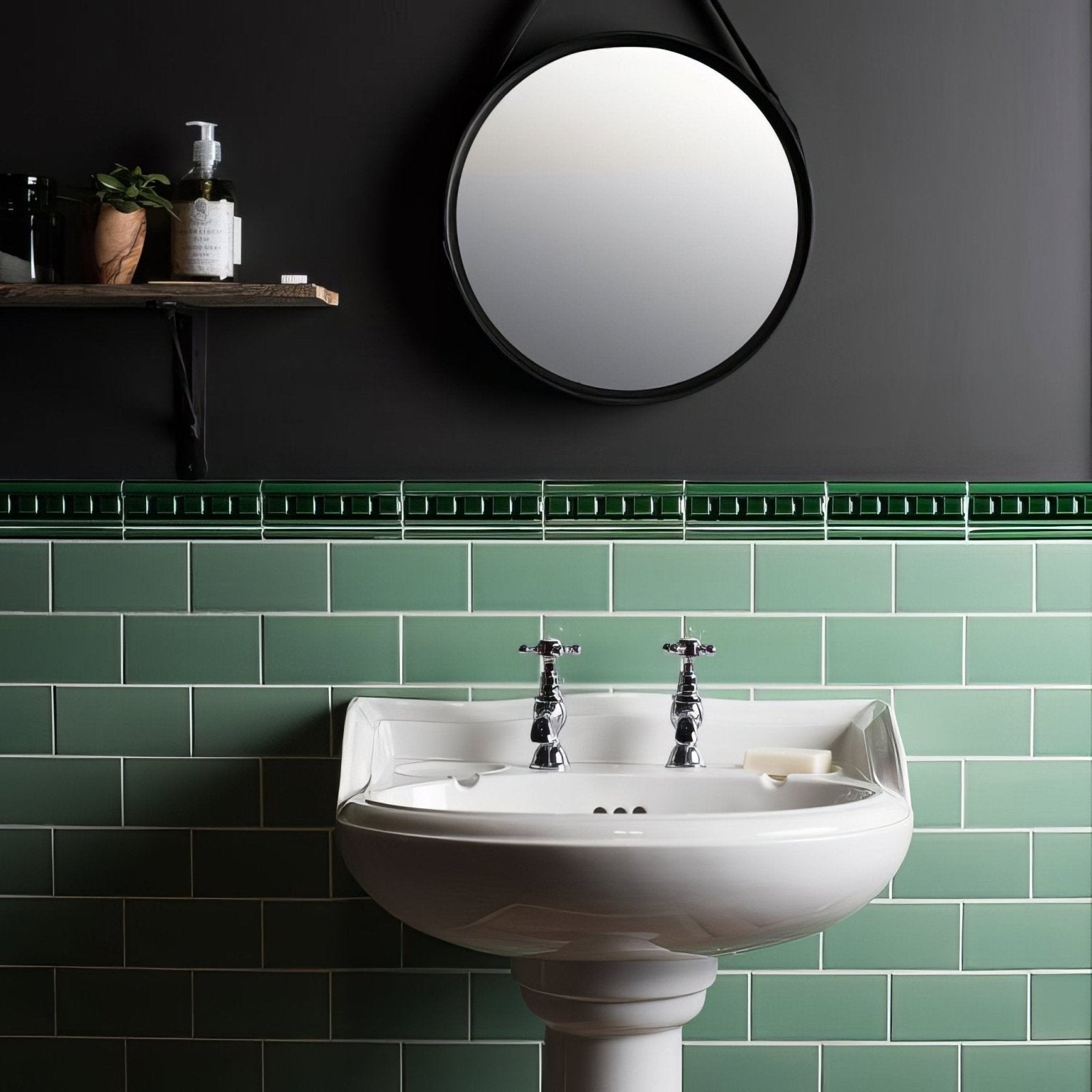 White ceramic pedestal sink with chrome faucets featuring victorian green dentil moulding trim detail