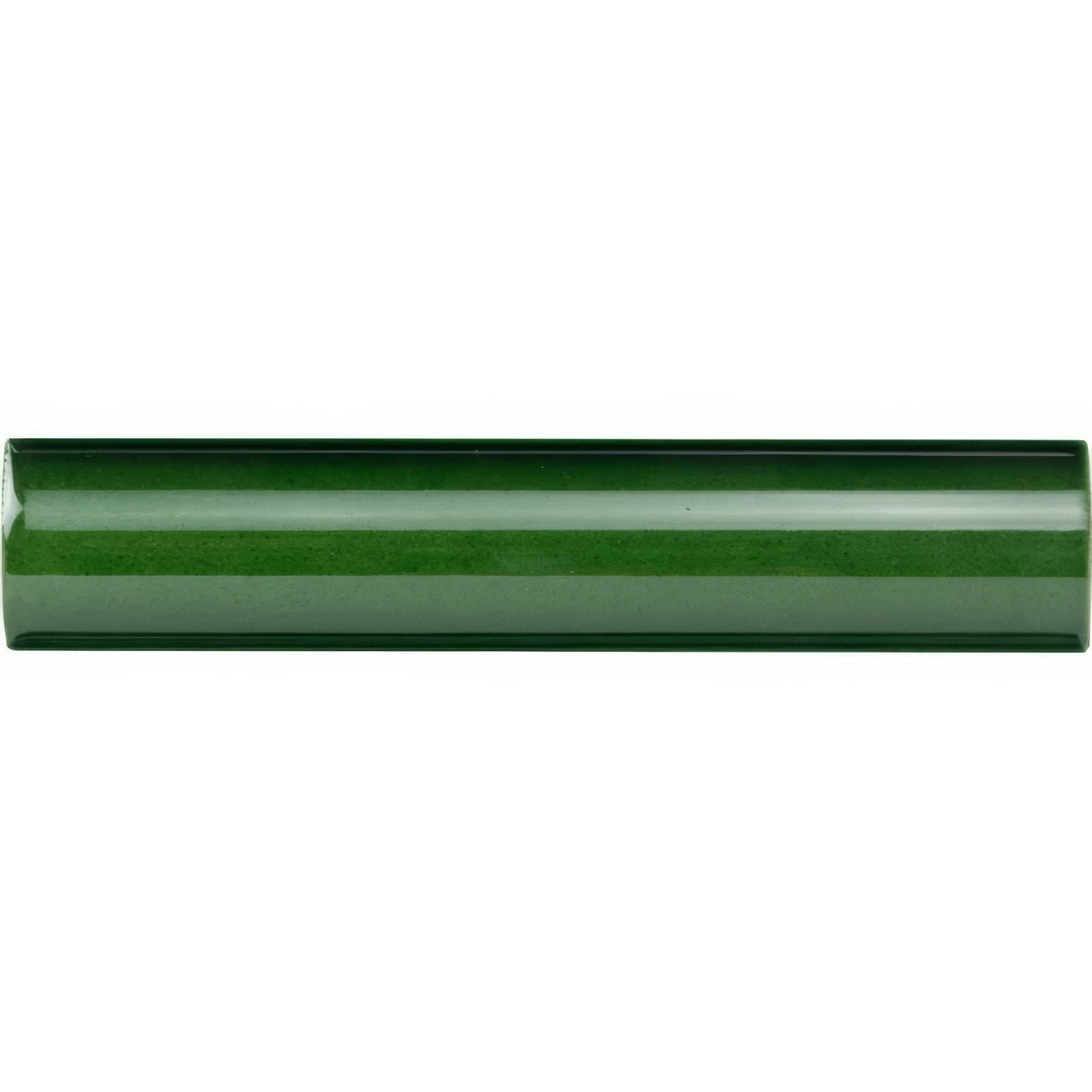 A sleek glossy forest green ceramic tile with a smooth rectangular profile and rounded edges for victorian green external corner trim