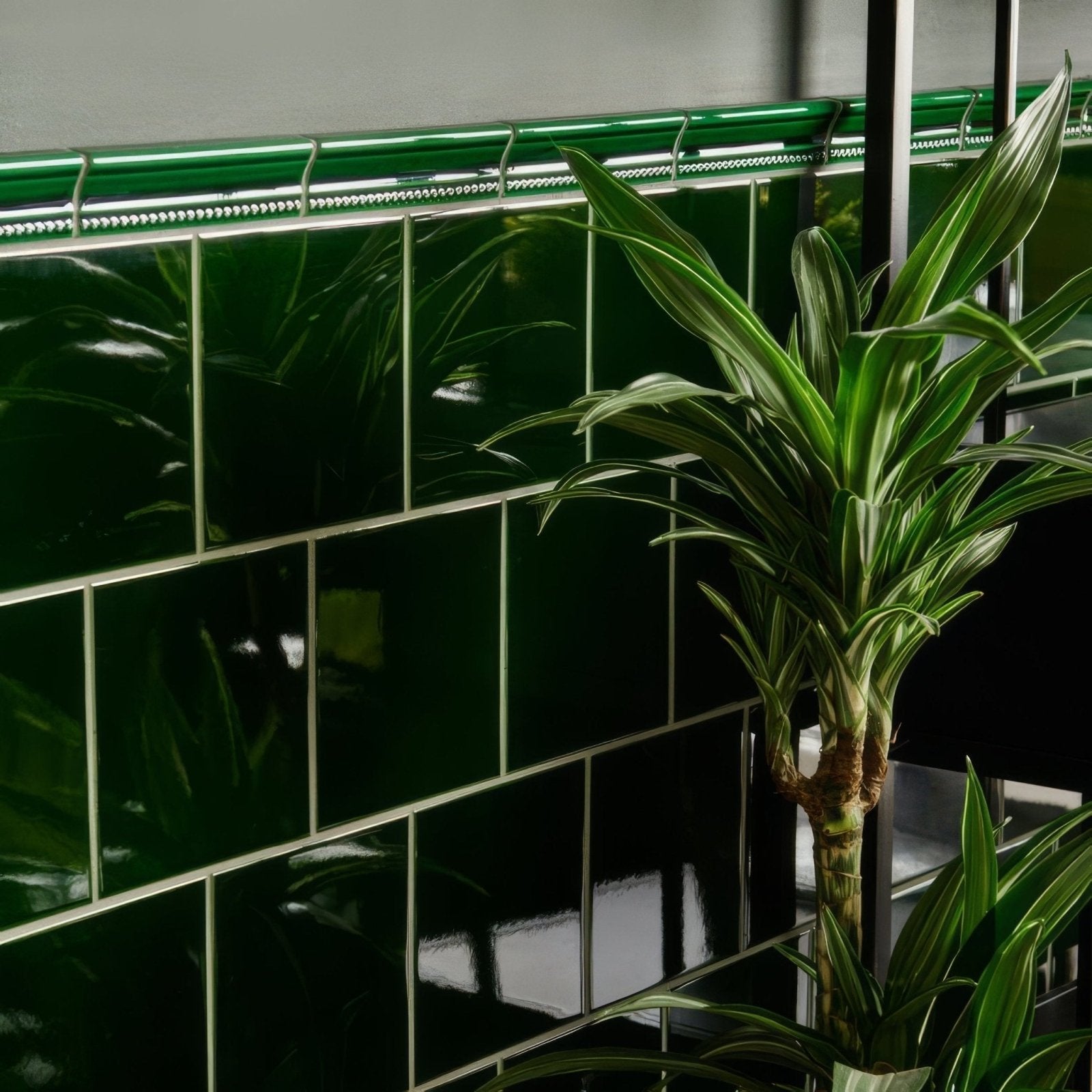 Deep emerald green glossy ceramic tiles with metallic silver grout lines in victorian green hogarth moulding style